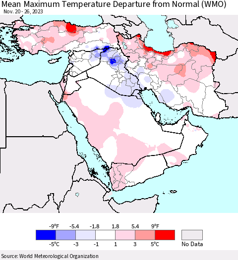 Middle East and Turkey Mean Maximum Temperature Departure from Normal (WMO) Thematic Map For 11/20/2023 - 11/26/2023