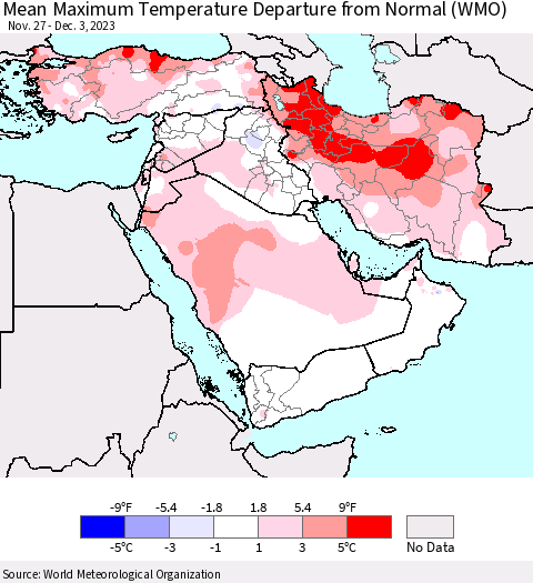 Middle East and Turkey Mean Maximum Temperature Departure from Normal (WMO) Thematic Map For 11/27/2023 - 12/3/2023