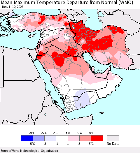 Middle East and Turkey Mean Maximum Temperature Departure from Normal (WMO) Thematic Map For 12/4/2023 - 12/10/2023