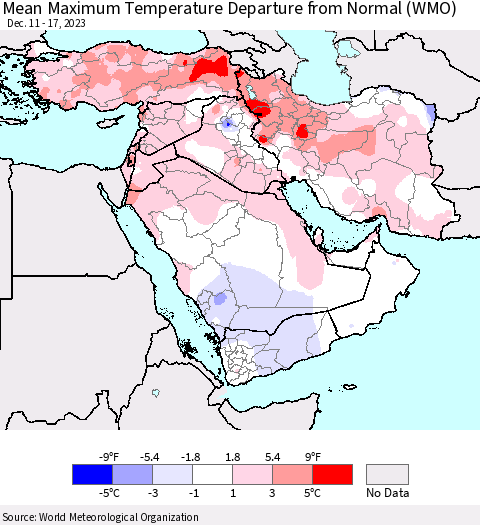 Middle East and Turkey Mean Maximum Temperature Departure from Normal (WMO) Thematic Map For 12/11/2023 - 12/17/2023