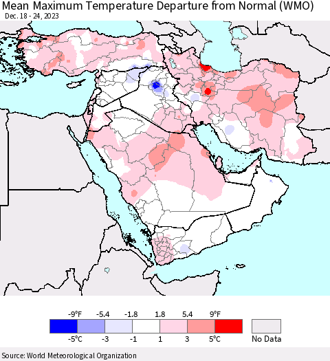 Middle East and Turkey Mean Maximum Temperature Departure from Normal (WMO) Thematic Map For 12/18/2023 - 12/24/2023