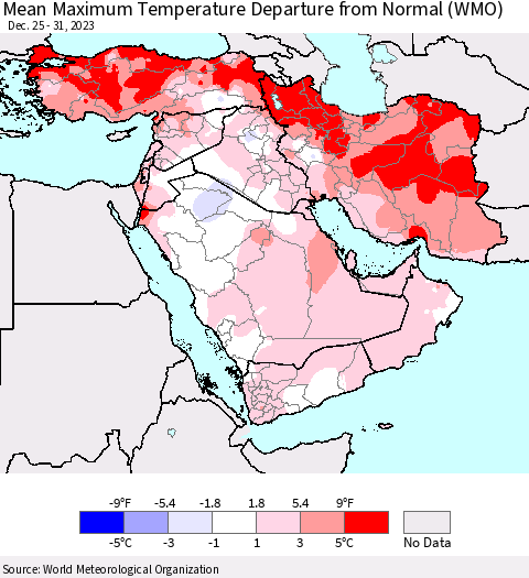 Middle East and Turkey Mean Maximum Temperature Departure from Normal (WMO) Thematic Map For 12/25/2023 - 12/31/2023