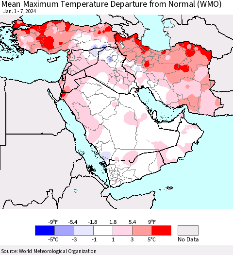 Middle East and Turkey Mean Maximum Temperature Departure from Normal (WMO) Thematic Map For 1/1/2024 - 1/7/2024