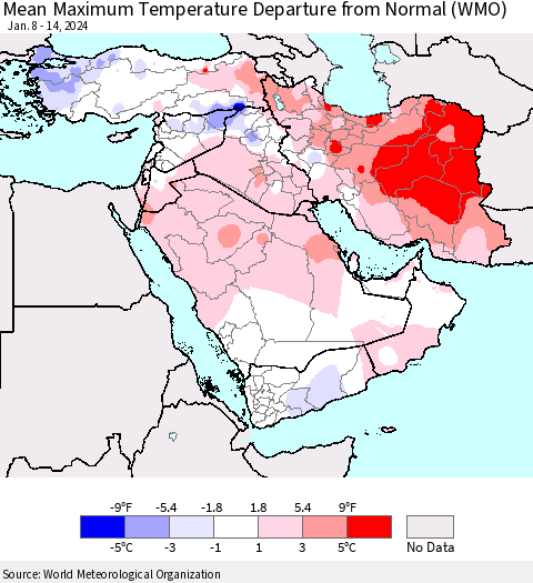 Middle East and Turkey Mean Maximum Temperature Departure from Normal (WMO) Thematic Map For 1/8/2024 - 1/14/2024