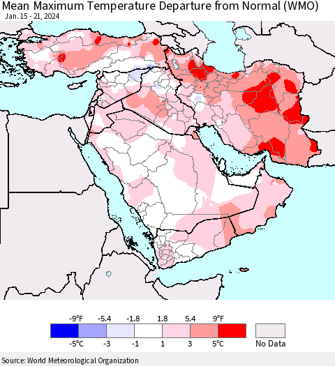Middle East and Turkey Mean Maximum Temperature Departure from Normal (WMO) Thematic Map For 1/15/2024 - 1/21/2024