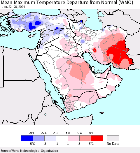 Middle East and Turkey Mean Maximum Temperature Departure from Normal (WMO) Thematic Map For 1/22/2024 - 1/28/2024