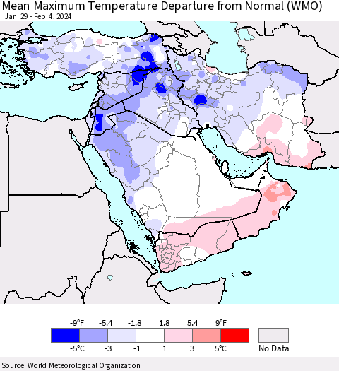 Middle East and Turkey Mean Maximum Temperature Departure from Normal (WMO) Thematic Map For 1/29/2024 - 2/4/2024