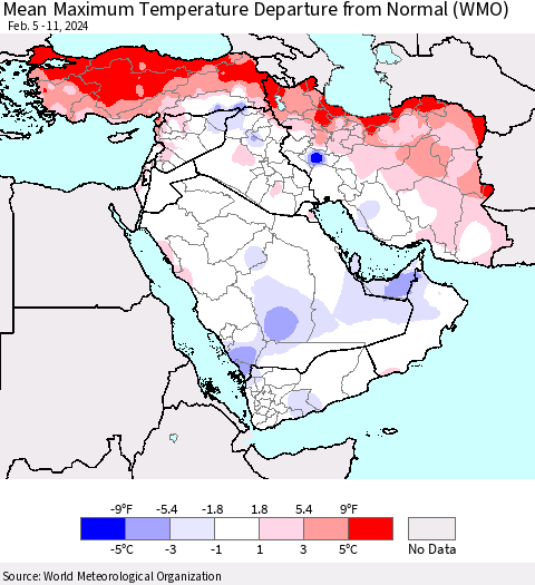 Middle East and Turkey Mean Maximum Temperature Departure from Normal (WMO) Thematic Map For 2/5/2024 - 2/11/2024