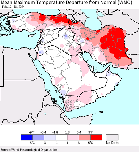 Middle East and Turkey Mean Maximum Temperature Departure from Normal (WMO) Thematic Map For 2/12/2024 - 2/18/2024