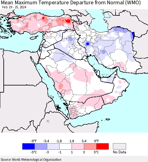 Middle East and Turkey Mean Maximum Temperature Departure from Normal (WMO) Thematic Map For 2/19/2024 - 2/25/2024