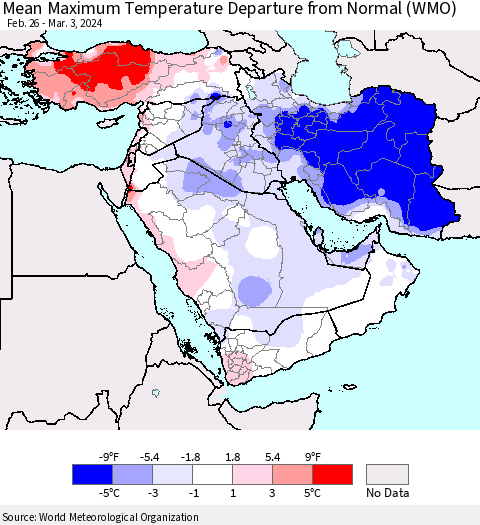 Middle East and Turkey Mean Maximum Temperature Departure from Normal (WMO) Thematic Map For 2/26/2024 - 3/3/2024