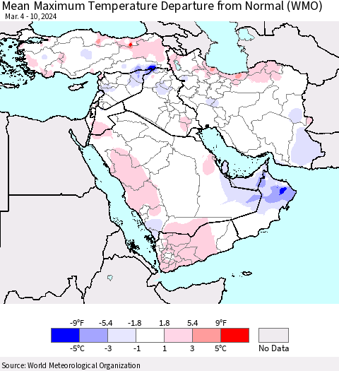 Middle East and Turkey Mean Maximum Temperature Departure from Normal (WMO) Thematic Map For 3/4/2024 - 3/10/2024