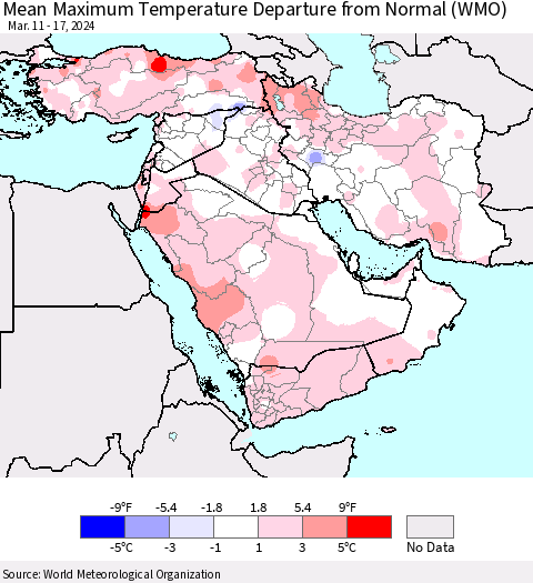 Middle East and Turkey Mean Maximum Temperature Departure from Normal (WMO) Thematic Map For 3/11/2024 - 3/17/2024