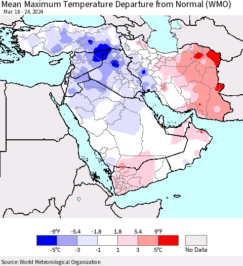 Middle East and Turkey Mean Maximum Temperature Departure from Normal (WMO) Thematic Map For 3/18/2024 - 3/24/2024