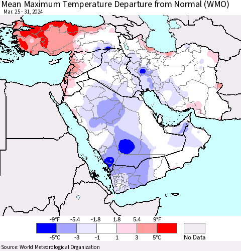 Middle East and Turkey Mean Maximum Temperature Departure from Normal (WMO) Thematic Map For 3/25/2024 - 3/31/2024