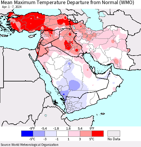 Middle East and Turkey Mean Maximum Temperature Departure from Normal (WMO) Thematic Map For 4/1/2024 - 4/7/2024