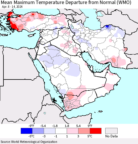 Middle East and Turkey Mean Maximum Temperature Departure from Normal (WMO) Thematic Map For 4/8/2024 - 4/14/2024