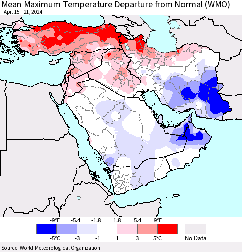 Middle East and Turkey Mean Maximum Temperature Departure from Normal (WMO) Thematic Map For 4/15/2024 - 4/21/2024