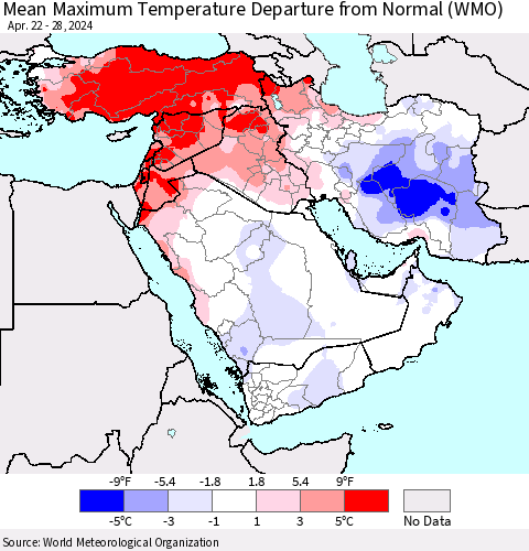 Middle East and Turkey Mean Maximum Temperature Departure from Normal (WMO) Thematic Map For 4/22/2024 - 4/28/2024