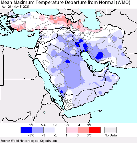 Middle East and Turkey Mean Maximum Temperature Departure from Normal (WMO) Thematic Map For 4/29/2024 - 5/5/2024