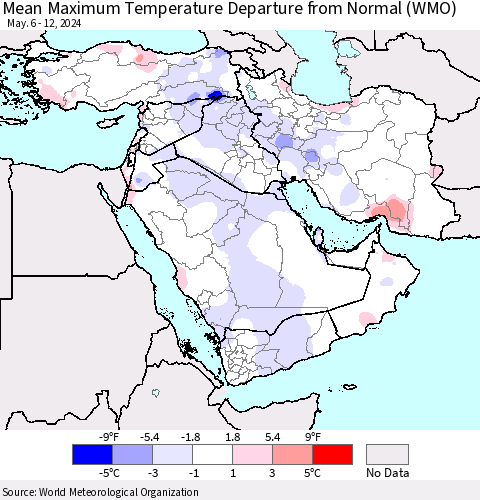 Middle East and Turkey Mean Maximum Temperature Departure from Normal (WMO) Thematic Map For 5/6/2024 - 5/12/2024