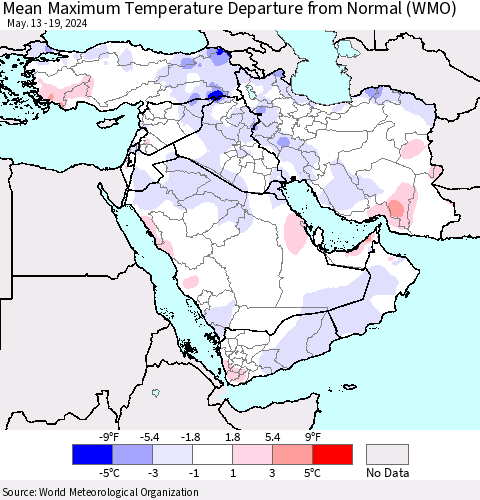 Middle East and Turkey Mean Maximum Temperature Departure from Normal (WMO) Thematic Map For 5/13/2024 - 5/19/2024