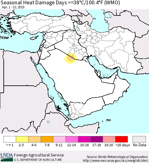 Middle East and Turkey Seasonal Heat Damage Days >=38°C/100°F (WMO) Thematic Map For 4/1/2019 - 4/10/2019