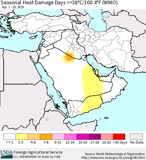 Middle East and Turkey Seasonal Heat Damage Days >=38°C/100°F (WMO) Thematic Map For 4/1/2019 - 4/20/2019