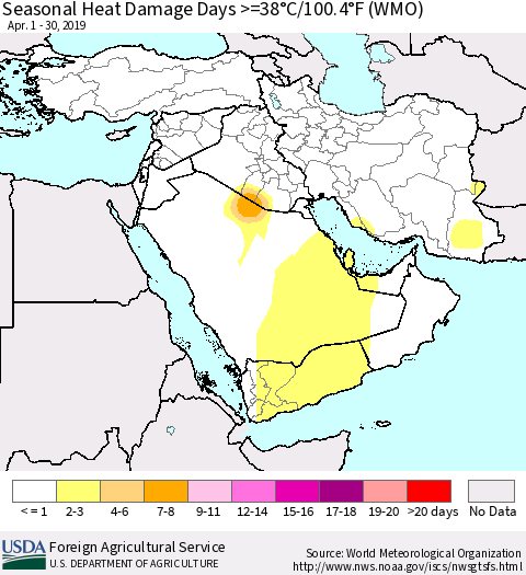 Middle East and Turkey Seasonal Heat Damage Days >=38°C/100°F (WMO) Thematic Map For 4/1/2019 - 4/30/2019