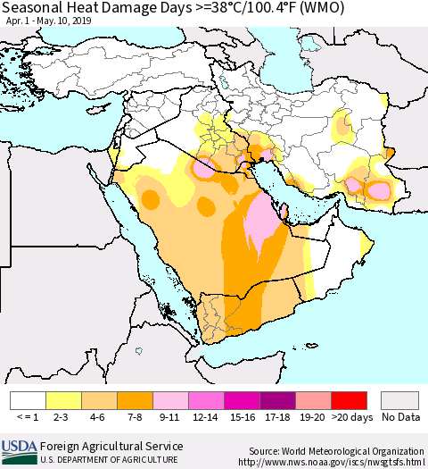 Middle East and Turkey Seasonal Heat Damage Days >=38°C/100°F (WMO) Thematic Map For 4/1/2019 - 5/10/2019