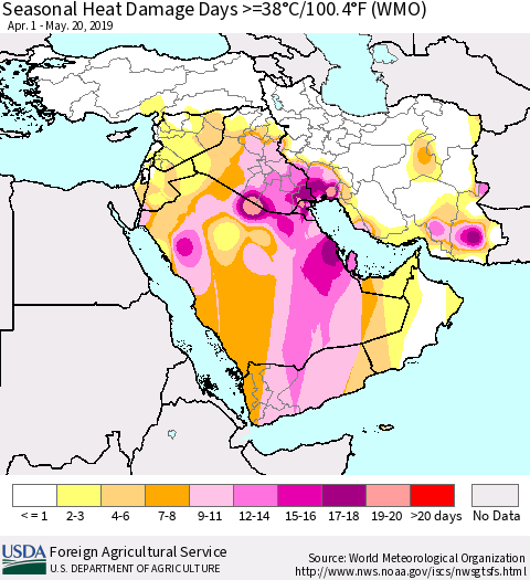 Middle East and Turkey Seasonal Heat Damage Days >=38°C/100°F (WMO) Thematic Map For 4/1/2019 - 5/20/2019