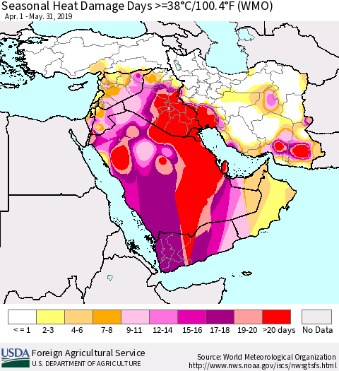 Middle East and Turkey Seasonal Heat Damage Days >=38°C/100°F (WMO) Thematic Map For 4/1/2019 - 5/31/2019