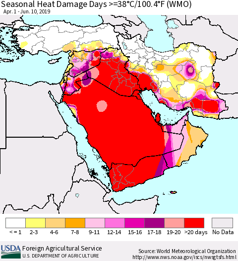 Middle East and Turkey Seasonal Heat Damage Days >=38°C/100°F (WMO) Thematic Map For 4/1/2019 - 6/10/2019