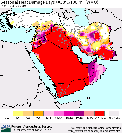 Middle East and Turkey Seasonal Heat Damage Days >=38°C/100°F (WMO) Thematic Map For 4/1/2019 - 6/20/2019