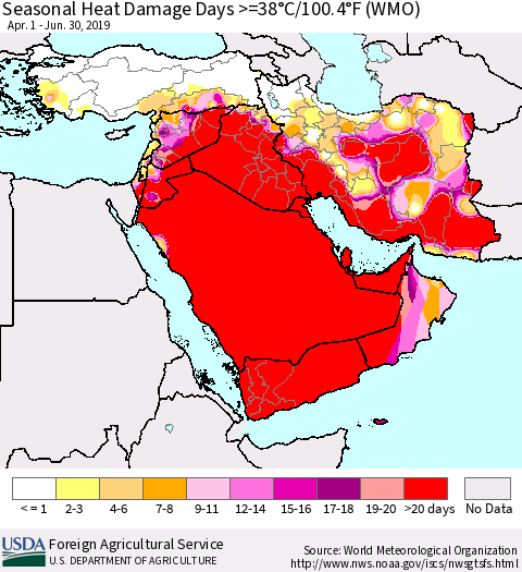 Middle East and Turkey Seasonal Heat Damage Days >=38°C/100°F (WMO) Thematic Map For 4/1/2019 - 6/30/2019