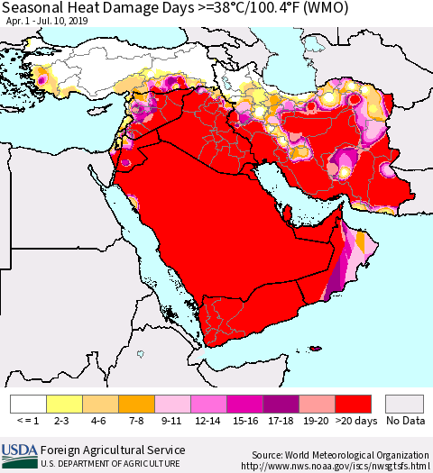 Middle East and Turkey Seasonal Heat Damage Days >=38°C/100°F (WMO) Thematic Map For 4/1/2019 - 7/10/2019