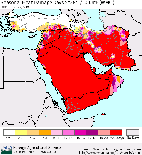 Middle East and Turkey Seasonal Heat Damage Days >=38°C/100°F (WMO) Thematic Map For 4/1/2019 - 7/20/2019
