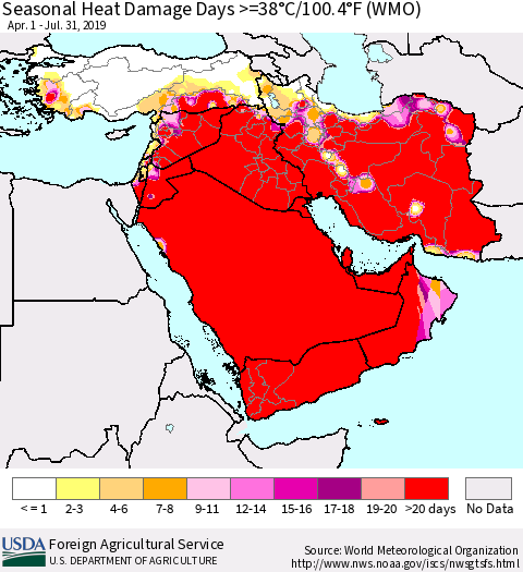 Middle East and Turkey Seasonal Heat Damage Days >=38°C/100°F (WMO) Thematic Map For 4/1/2019 - 7/31/2019