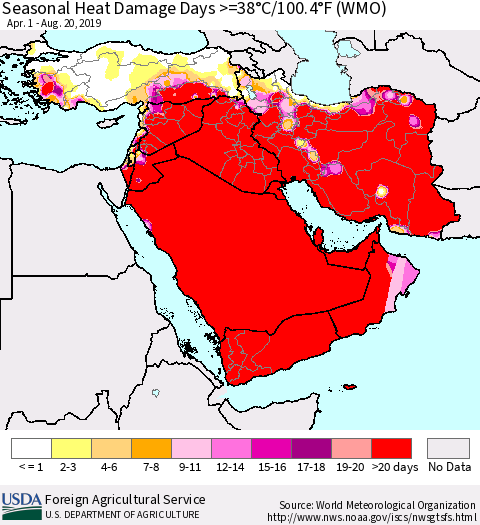 Middle East and Turkey Seasonal Heat Damage Days >=38°C/100°F (WMO) Thematic Map For 4/1/2019 - 8/20/2019
