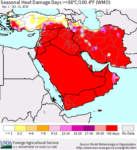 Middle East and Turkey Seasonal Heat Damage Days >=38°C/100°F (WMO) Thematic Map For 4/1/2019 - 10/31/2019