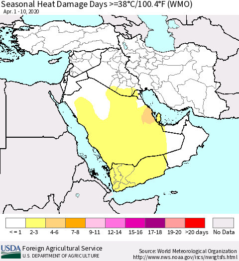 Middle East and Turkey Seasonal Heat Damage Days >=38°C/100°F (WMO) Thematic Map For 4/1/2020 - 4/10/2020