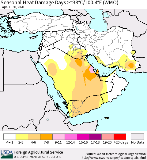 Middle East and Turkey Seasonal Heat Damage Days >=38°C/100°F (WMO) Thematic Map For 4/1/2020 - 4/30/2020
