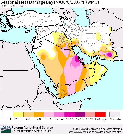 Middle East and Turkey Seasonal Heat Damage Days >=38°C/100°F (WMO) Thematic Map For 4/1/2020 - 5/10/2020