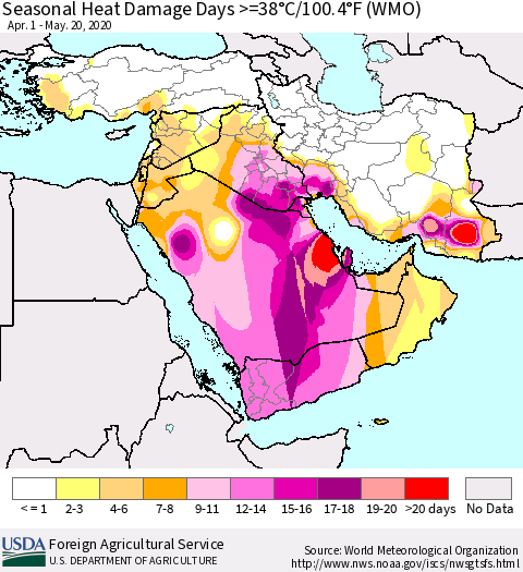 Middle East and Turkey Seasonal Heat Damage Days >=38°C/100°F (WMO) Thematic Map For 4/1/2020 - 5/20/2020