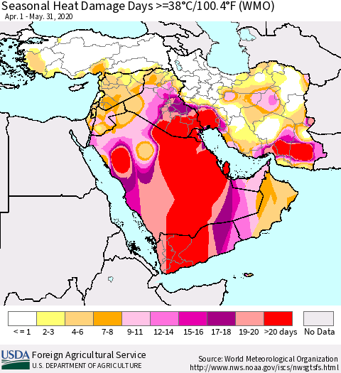 Middle East and Turkey Seasonal Heat Damage Days >=38°C/100°F (WMO) Thematic Map For 4/1/2020 - 5/31/2020