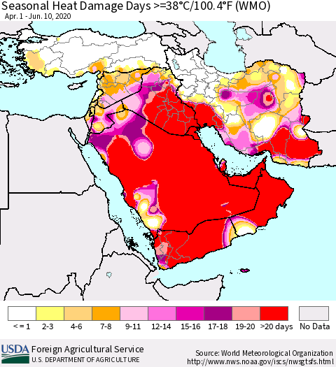 Middle East and Turkey Seasonal Heat Damage Days >=38°C/100°F (WMO) Thematic Map For 4/1/2020 - 6/10/2020