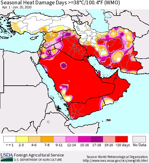 Middle East and Turkey Seasonal Heat Damage Days >=38°C/100°F (WMO) Thematic Map For 4/1/2020 - 6/20/2020