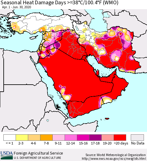 Middle East and Turkey Seasonal Heat Damage Days >=38°C/100°F (WMO) Thematic Map For 4/1/2020 - 6/30/2020