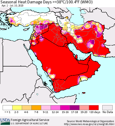 Middle East and Turkey Seasonal Heat Damage Days >=38°C/100°F (WMO) Thematic Map For 4/1/2020 - 7/10/2020