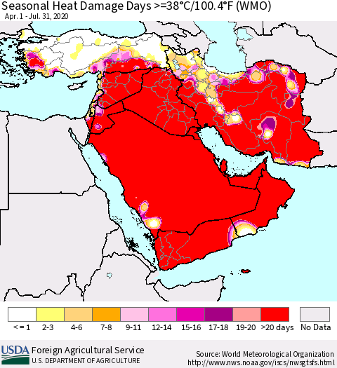Middle East and Turkey Seasonal Heat Damage Days >=38°C/100°F (WMO) Thematic Map For 4/1/2020 - 7/31/2020